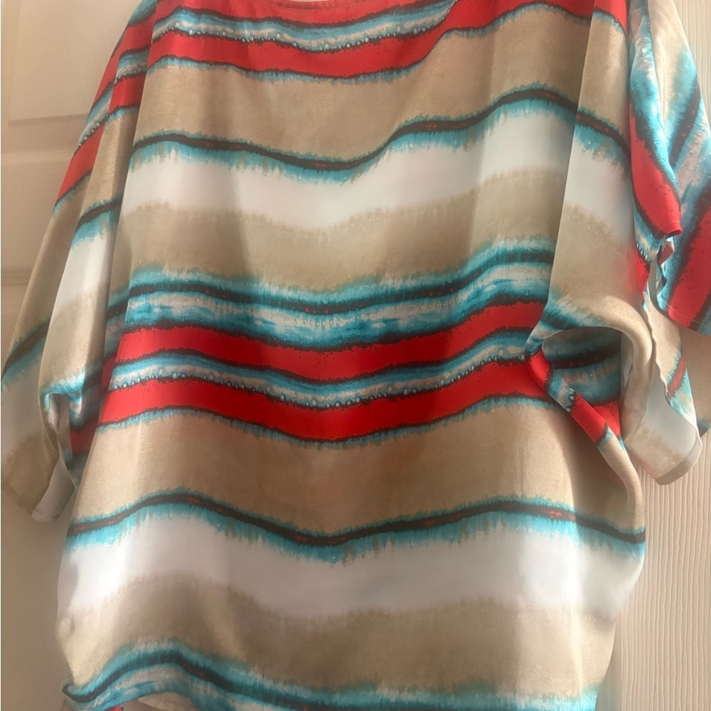 Michael Kors Short-Sleeve Striped Tunic in Red, Teal & Tan
